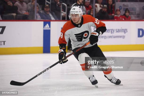 Cam Atkinson of the Philadelphia Flyers plays against Detroit Red Wings at Little Caesars Arena on January 25, 2024 in Detroit, Michigan.