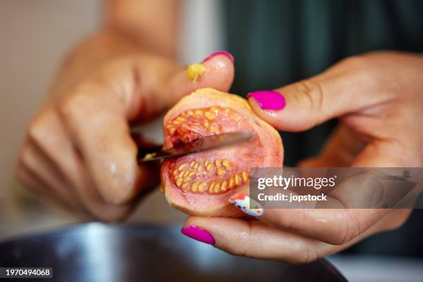 woman cutting a guava fruit - guayaba stock pictures, royalty-free photos & images