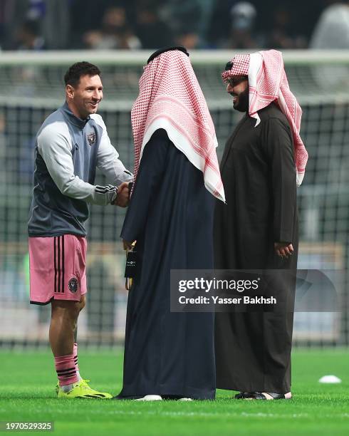 Lionel Messi of Inter Miami , interacts with Turki Al-Sheikh, Chairman of General Authority for Entertainment in Saudi Arabia and Fahad Bin Nafel,...