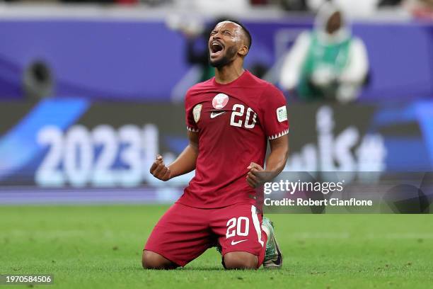 Ahmed Fathy of Qatar celebrates after the team's victory in the AFC Asian Cup Round of 16 match between Qatar and Palestine at Al Bayt Stadium on...