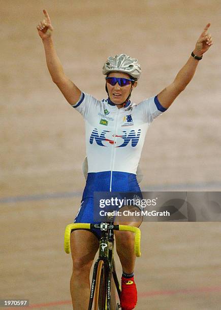 Rochelle Gilmore of New South Wales celebrates after winning the Women's 25k Points Championship during the National Track Championships on May 3,...