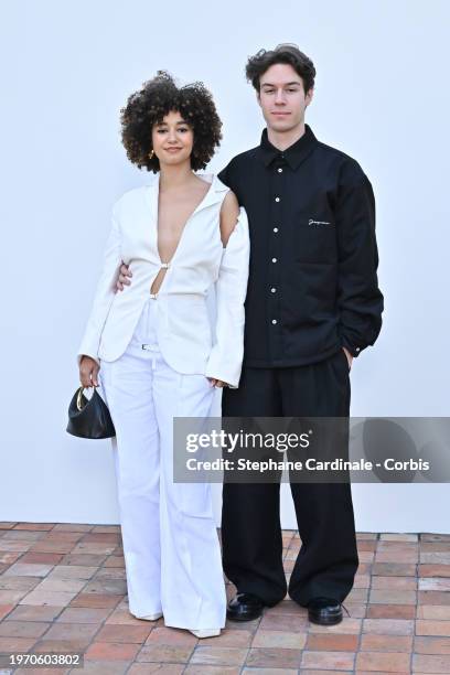 Lena Mahfouf and Seb La Frite attend the "Les Sculptures" Jacquemus' Fashion Show at Fondation Maeght on January 29, 2024 in Saint-Paul-De-Vence,...