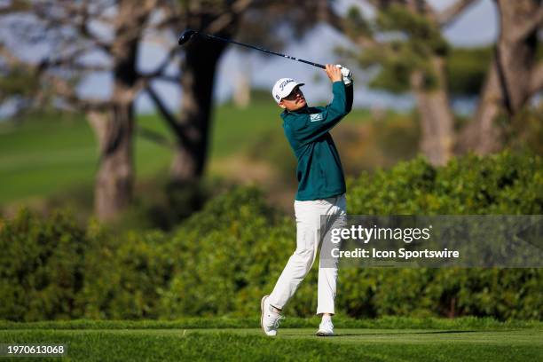 Callum Tarren of England plays his shot during the second round of the PGA Tour Farmer's Insurance Open at Torrey Pines Golf Course on Thursday,...