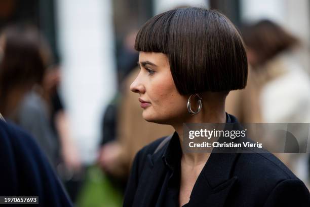 Guest with short hair cut style outside Nicklas Skovgaard during the Copenhagen Fashion Week AW24 on January 29, 2024 in Copenhagen, Denmark.