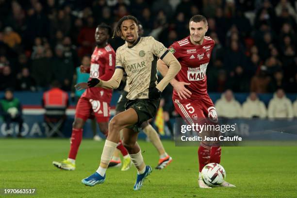 Bradley Barcola of PSG, Brendan Chardonnet of Brest in action during the Ligue 1 Uber Eats match between Paris Saint-Germain and Stade Brestois 29 at...