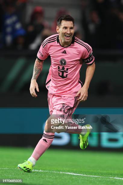 Lionel Messi of Inter Miami celebrates scoring a goal which was later ruled out for offside during the Riyadh Season Cup match between Al Hilal and...