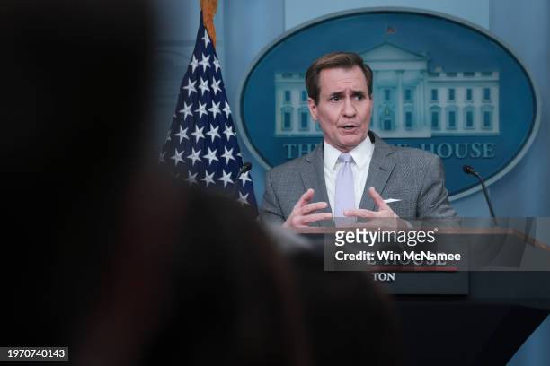 National Security Council Coordinator for Strategic Communications John Kirby answers questions during the daily White House press briefing on...