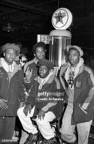 Jarobi White, Q-Tip, Phife Dawg and Ali Shaheed Muhammad of the hip hop group 'A Tribe Called Quest' pose for a portrait session on April 4, 1990 in...