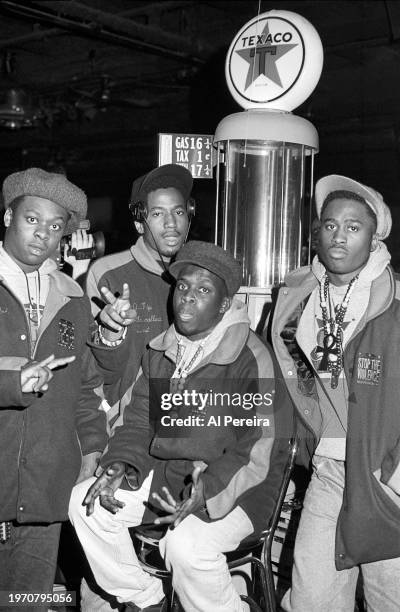 Jarobi White, Q-Tip, Phife Dawg and Ali Shaheed Muhammad of the hip hop group 'A Tribe Called Quest' pose for a portrait session on April 4, 1990 in...