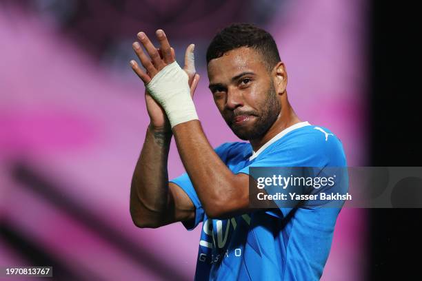 Renan Lodi of Al Hilal applauds the fans during the Riyadh Season Cup match between Al Hilal and Inter Miami at Kingdom Arena on January 29, 2024 in...