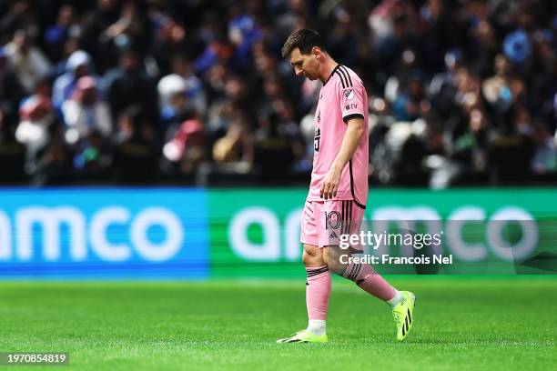 Lionel Messi of Inter Miami leaves the pitch after being substituted off during the Riyadh Season Cup match between Al Hilal and Inter Miami at...