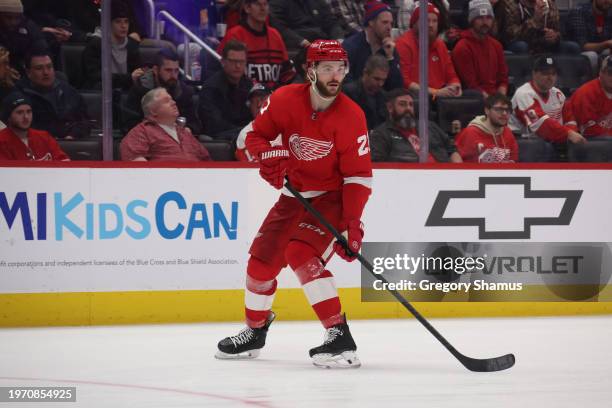 Michael Rasmussen of the Detroit Red Wings plays against Dallas Starsat Little Caesars Arena on January 23, 2024 in Detroit, Michigan.