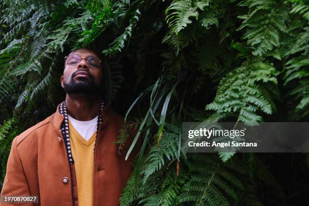 contemplative man with ferns in natural setting - moment of silence stock pictures, royalty-free photos & images