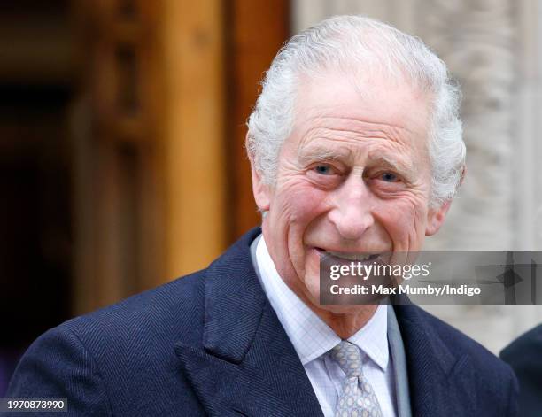 King Charles III leaves The London Clinic after undergoing a corrective procedure for an enlarged prostate on January 29, 2024 in London, England....