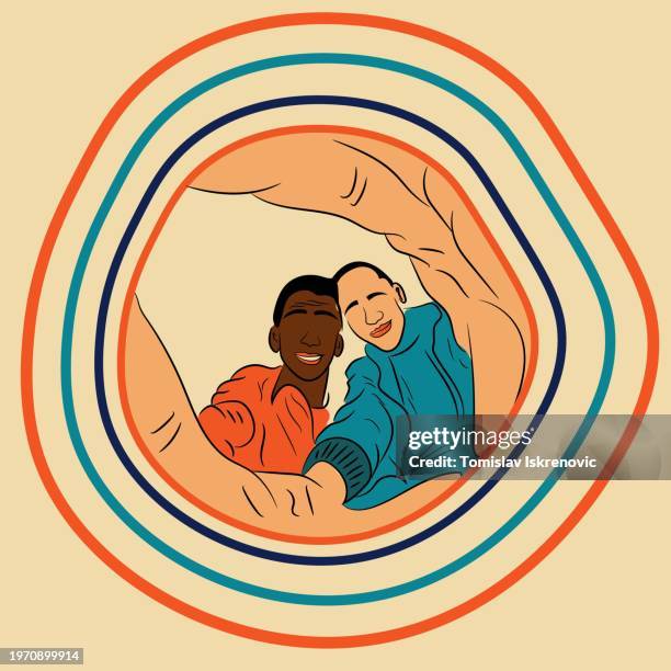 selfie angle picture of two boys - children taking selfie stock illustrations