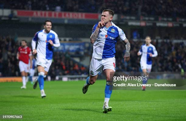 Sammie Szmodics of Blackburn Rovers celebrates after scoring their third goal during the Emirates FA Cup Fourth Round match between Blackburn Rovers...