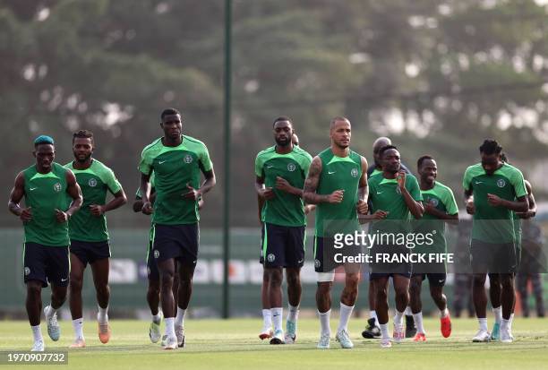 Nigeria's players take part in a training session at the National Police School stadium in Abidjan on February 1, 2024 on the eve of the Africa Cup...