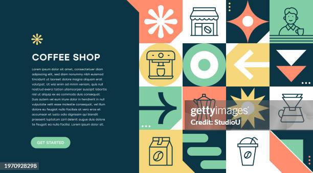 coffee shop geometric pattern web banner - coffee beans background stock illustrations