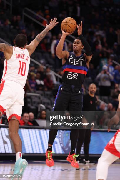 Jaden Ivey of the Detroit Pistons plays against Houston Rockets at Little Caesars Arena on January 12, 2024 in Detroit, Michigan. NOTE TO USER: User...