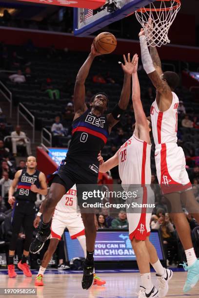 Jalen Duren of the Detroit Pistons plays against the Houston Rockets at Little Caesars Arena on January 12, 2024 in Detroit, Michigan. NOTE TO USER:...