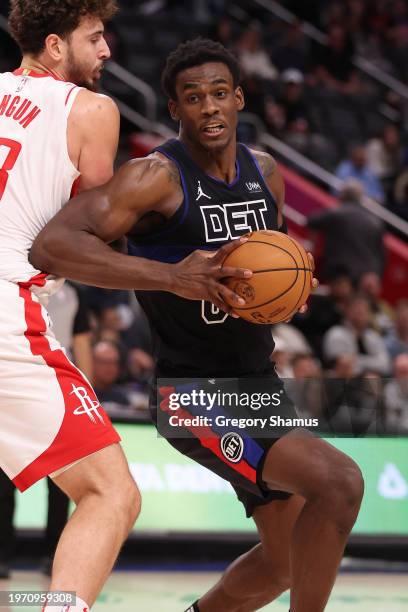 Jalen Duren of the Detroit Pistons plays against the Houston Rockets at Little Caesars Arena on January 12, 2024 in Detroit, Michigan. NOTE TO USER:...
