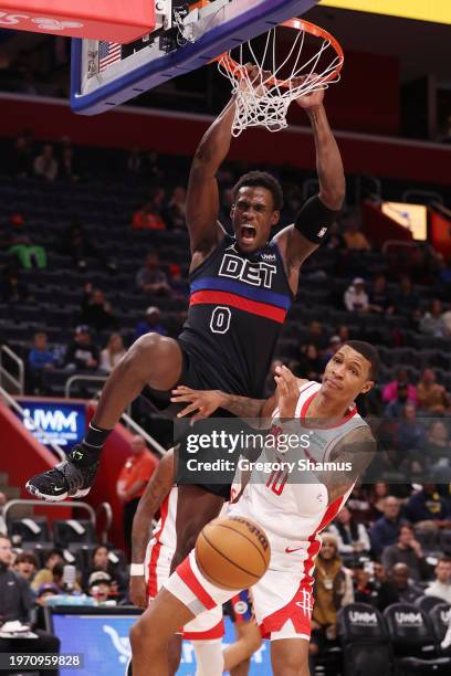 Jalen Duren of the Detroit Pistons plays against the Houston Rockets at Little Caesars Arena on January 12, 2024 in Detroit, Michigan. NOTE TO USER:...