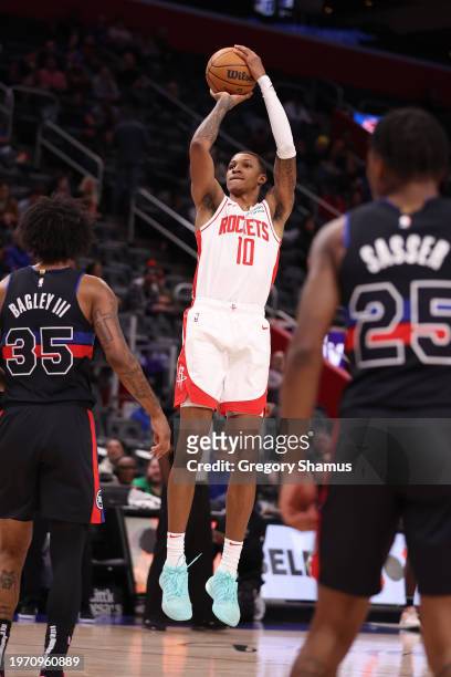 Jabari Smith Jr. #10 of the Houston Rockets plays against Detroit Pistons at Little Caesars Arena on January 12, 2024 in Detroit, Michigan. NOTE TO...
