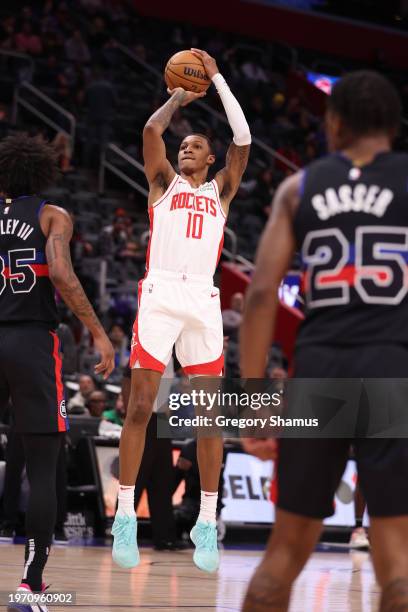 Jabari Smith Jr. #10 of the Houston Rockets plays against Detroit Pistons at Little Caesars Arena on January 12, 2024 in Detroit, Michigan. NOTE TO...