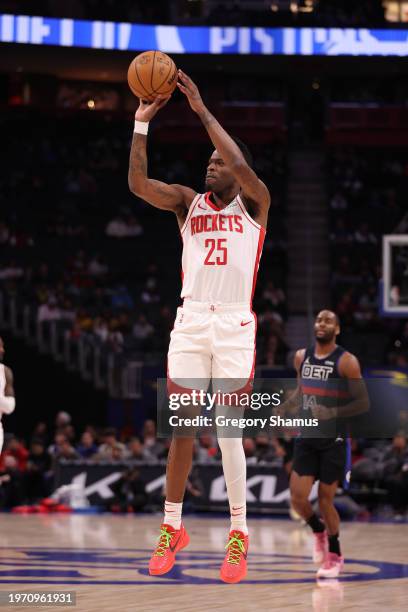 Reggie Bullock Jr. #25 of the Houston Rockets plays against Detroit Pistons at Little Caesars Arena on January 12, 2024 in Detroit, Michigan. NOTE TO...