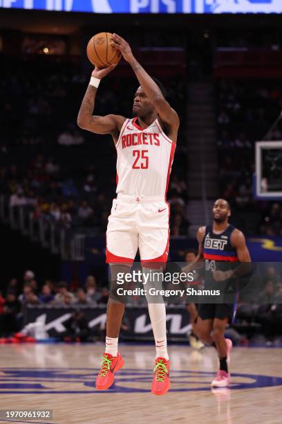 Reggie Bullock Jr. #25 of the Houston Rockets plays against Detroit Pistons at Little Caesars Arena on January 12, 2024 in Detroit, Michigan. NOTE TO...