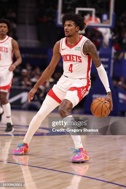 Jalen Green of the Houston Rockets plays against Detroit Pistons at Little Caesars Arena on January 12, 2024 in Detroit, Michigan. NOTE TO USER: User...