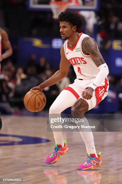 Jalen Green of the Houston Rockets plays against Detroit Pistons at Little Caesars Arena on January 12, 2024 in Detroit, Michigan. NOTE TO USER: User...
