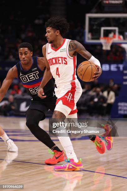 Jalen Green of the Houston Rockets plays against Detroit Pistons at Little Caesars Arena on January 12, 2024 in Detroit, Michigan. NOTE TO USER: User...