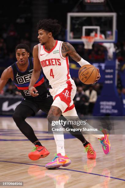 Jalen Green of the Houston Rockets plays against Detroit Pistons at Little Caesars Arena on January 12, 2024 in Detroit, Michigan. NOTE TO USER: User...