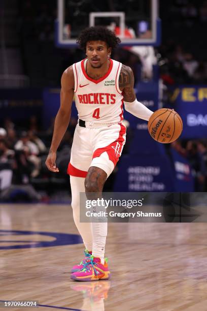 Jalen Green of the Houston Rockets plays against Detroit Pistons at Little Caesars Arena on January 12, 2024 in Detroit, Michigan. NOTE TO USER: User...