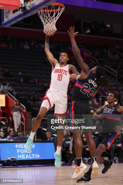 Jabari Smith Jr. #10 of the Houston Rockets plays against Detroit Pistons at Little Caesars Arena on January 12, 2024 in Detroit, Michigan. NOTE TO...
