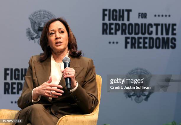 Vice President Kamala Harris speaks in conversation with actress Sophia Bush during a Fight For Reproductive Freedoms event at the Mexican Heritage...