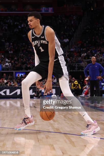 Victor Wembanyama of the San Antonio Spurs plays against Detroit Pistons at Little Caesars Arena on January 10, 2024 in Detroit, Michigan. NOTE TO...