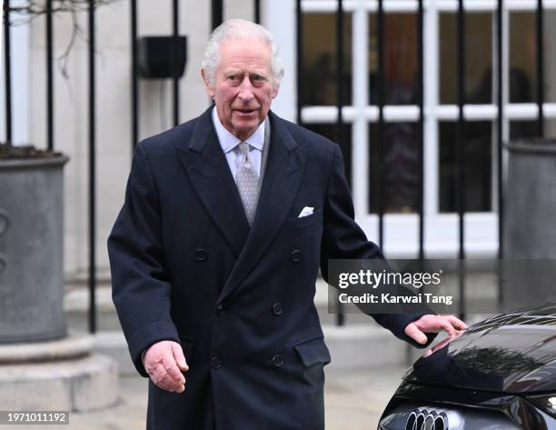 King Charles III leaves The London Clinic on January 29, 2024 in London, England. The King has been receiving treatment for an enlarged prostate,...