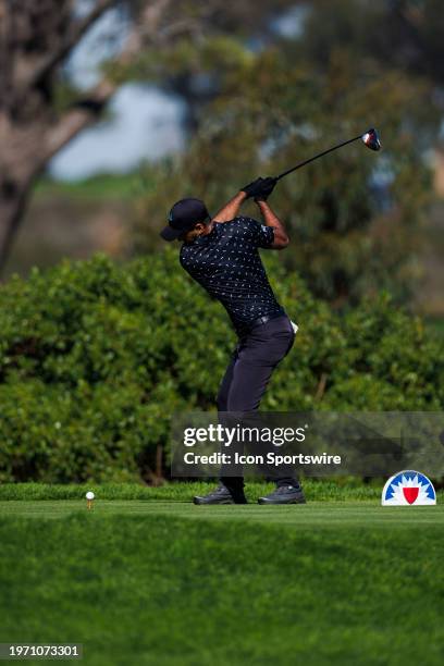 Aaron Rai of England plays his shot during the third round of the PGA Tour Farmer's Insurance Open at Torrey Pines Golf Course on Friday, January 26,...