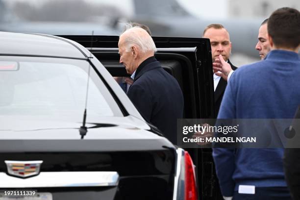 President Joe Biden enters his limousine upon arrival at Selfridge Air National Guard Base in Michigan on February 1, 2024. Biden is in Michigan to...