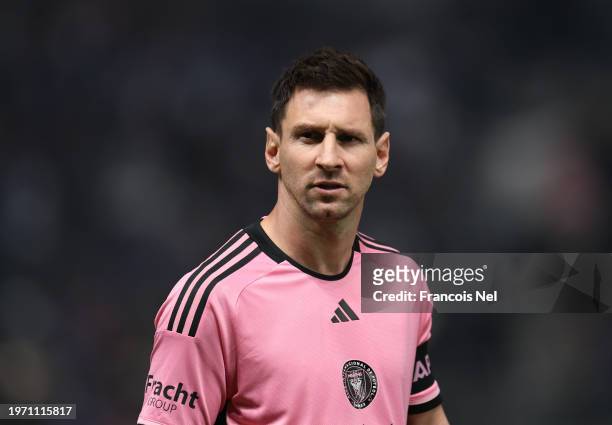Lionel Messi of Inter Miami looks on prior to the Riyadh Season Cup match between Al Hilal and Inter Miami at Kingdom Arena on January 29, 2024 in...