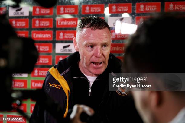 Graham Coughlan, Manager of Newport County, speaks to the media after the Emirates FA Cup Fourth Round match between Newport County and Manchester...