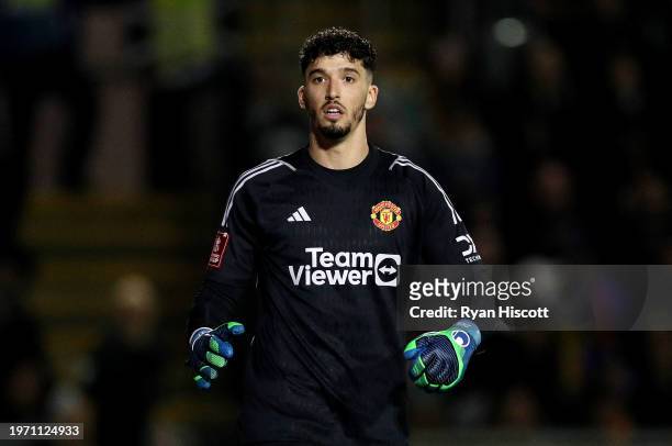 Altay Bayindir of Manchester United looks on during the Emirates FA Cup Fourth Round match between Newport County and Manchester United at Rodney...