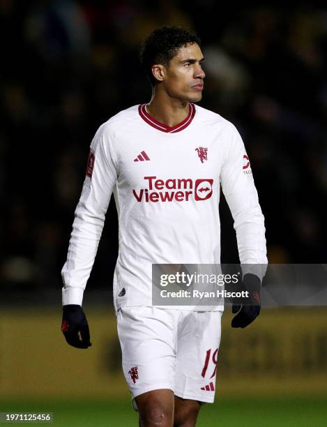 Raphael Varane of Manchester United looks on during the Emirates FA Cup Fourth Round match between Newport County and Manchester United at Rodney...