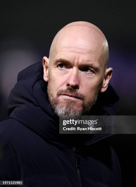 Erik ten Hag, Manager of Manchester United, looks on after the Emirates FA Cup Fourth Round match between Newport County and Manchester United at...