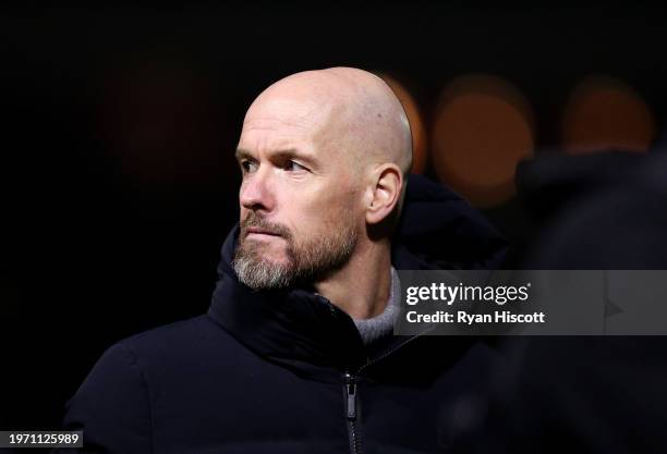 Erik ten Hag, Manager of Manchester United, looks on after the Emirates FA Cup Fourth Round match between Newport County and Manchester United at...