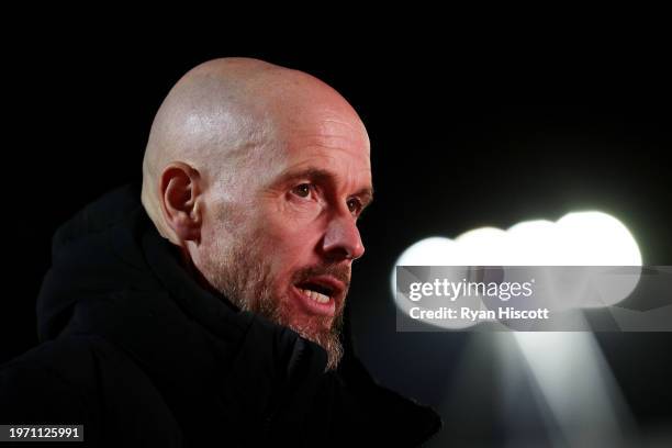 Erik ten Hag, Manager of Manchester United, speaks to the media after the Emirates FA Cup Fourth Round match between Newport County and Manchester...