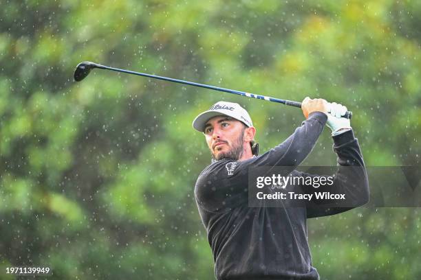 Max Homa plays his shot from the first tee during the first round of the AT&T Pebble Beach Pro-Am at Pebble Beach Golf Links on February 1, 2024 in...