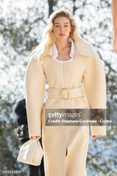 Gigi Hadid walks the runway during the "Les Sculptures" Jacquemus' Fashion Show at Fondation Maeght on January 29, 2024 in Saint-Paul-De-Vence,...